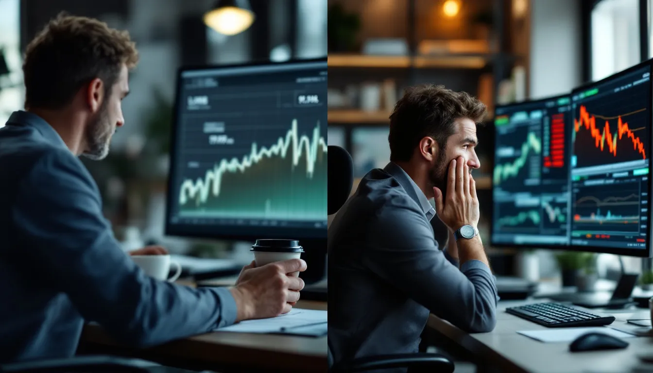 Side-by-side comparison of a relaxed long-term investor versus a stressed active trader monitoring volatile markets