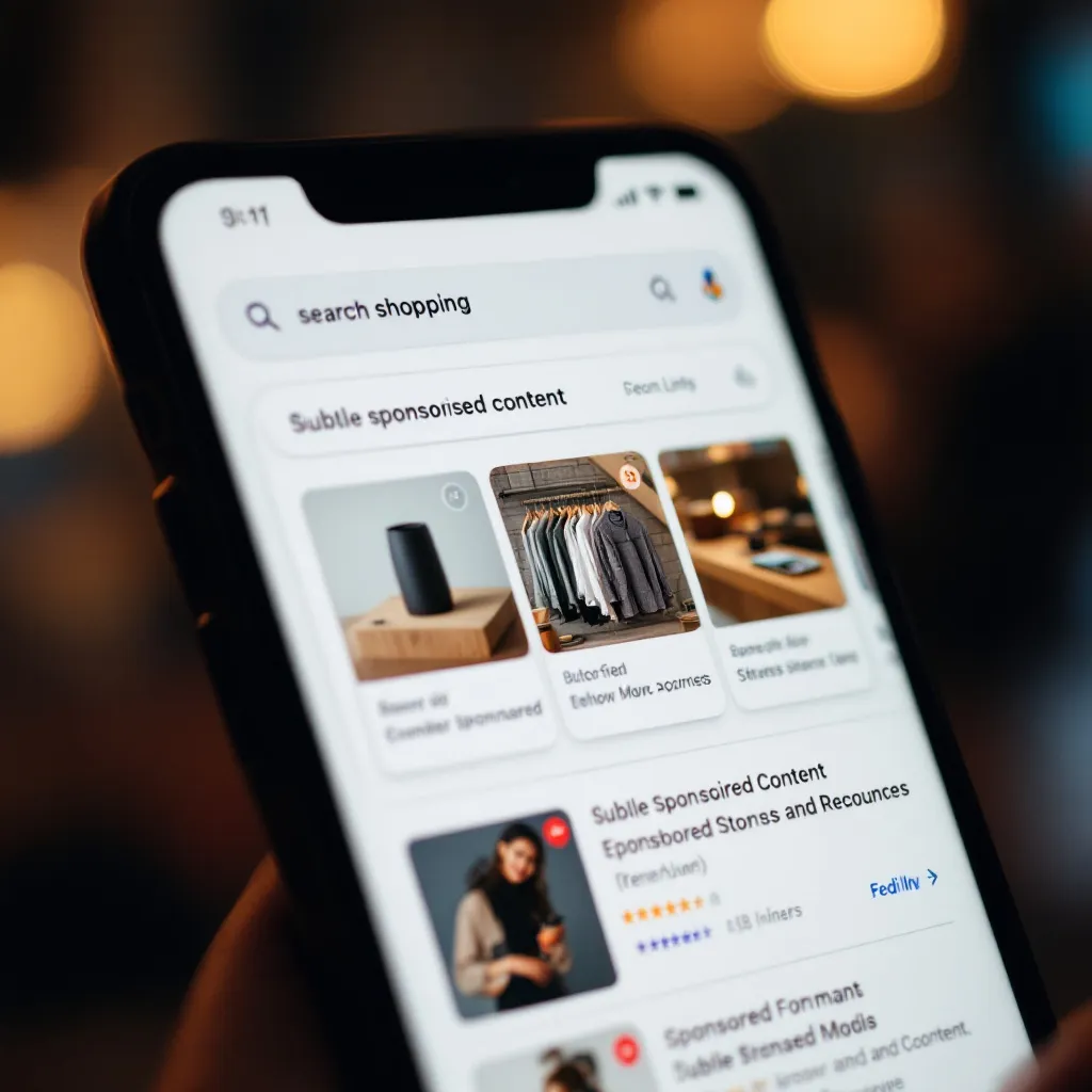 A smartphone displays a Google search results page for shopping queries showing sponsored product listings with product images, titles, and pricing information