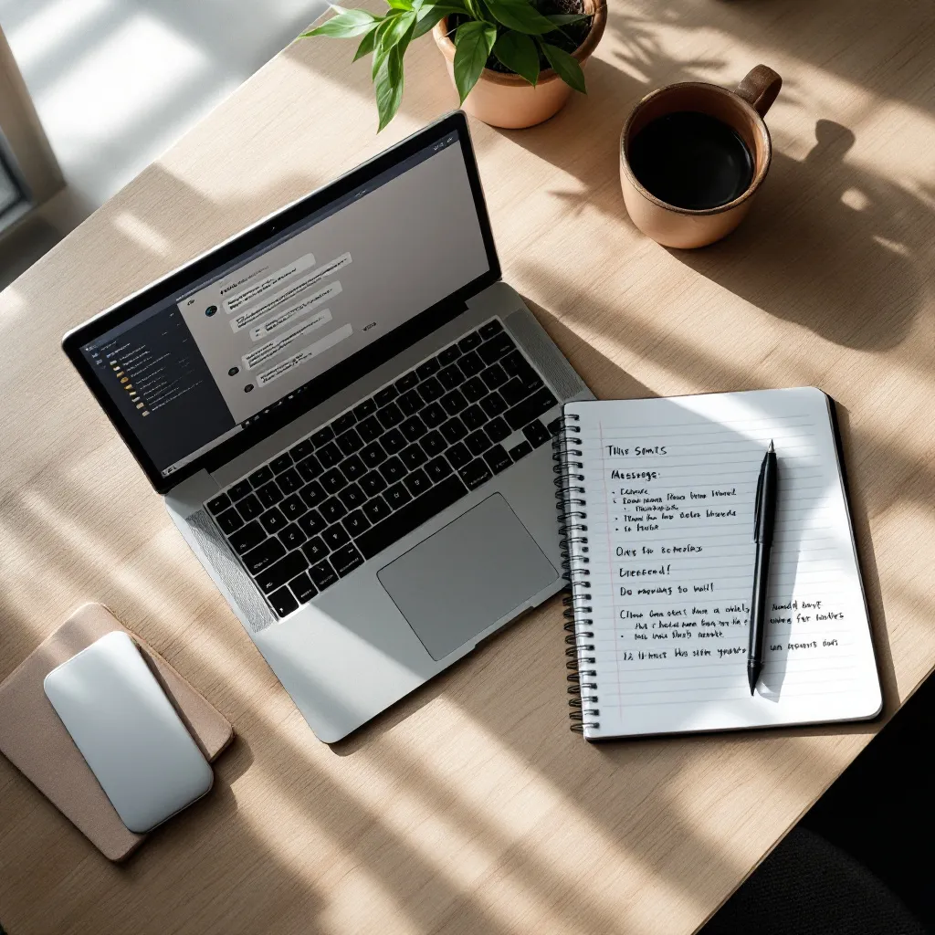 A laptop displaying code on a wooden desk next to a spiral notebook with handwritten notes, a pen, a mug of coffee, and a potted plant