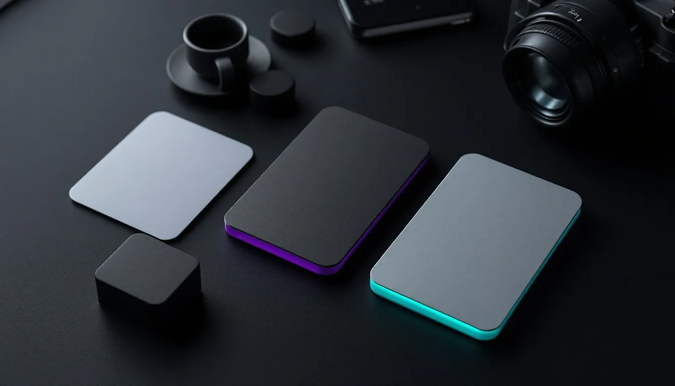 Four rectangular devices with glowing colored edges arranged on a dark surface next to a camera and coffee cup