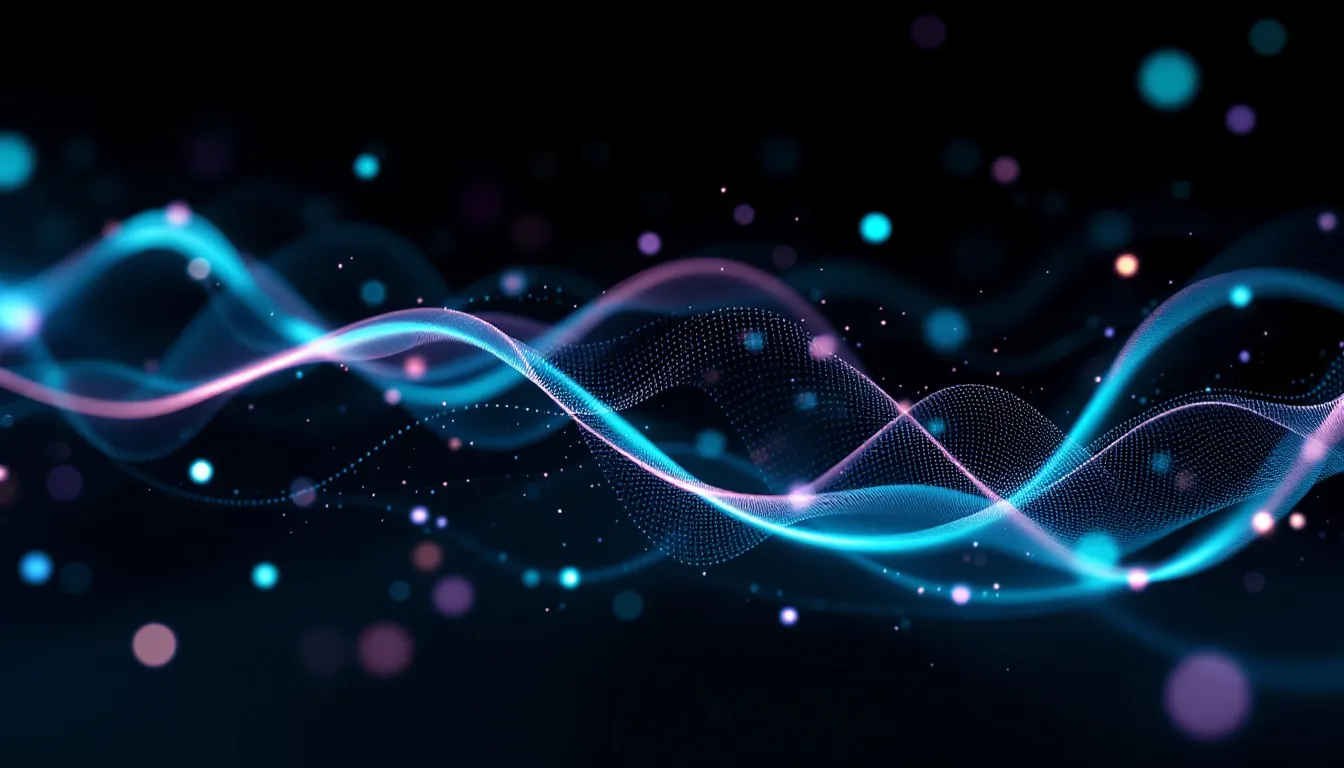 Glowing cyan and pink wave patterns with dotted mesh forms flowing across a dark background with scattered light particles