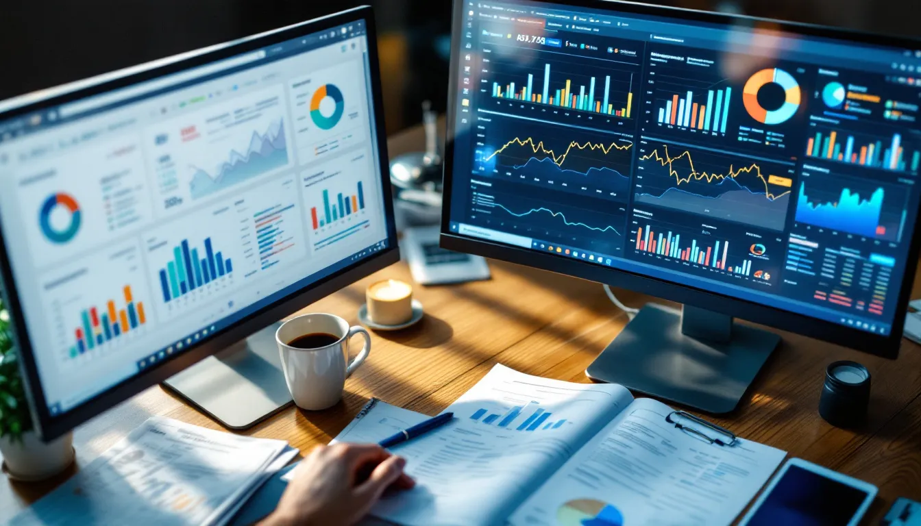 Digital marketing professional analyzing SEO metrics on multiple computer monitors at a desk