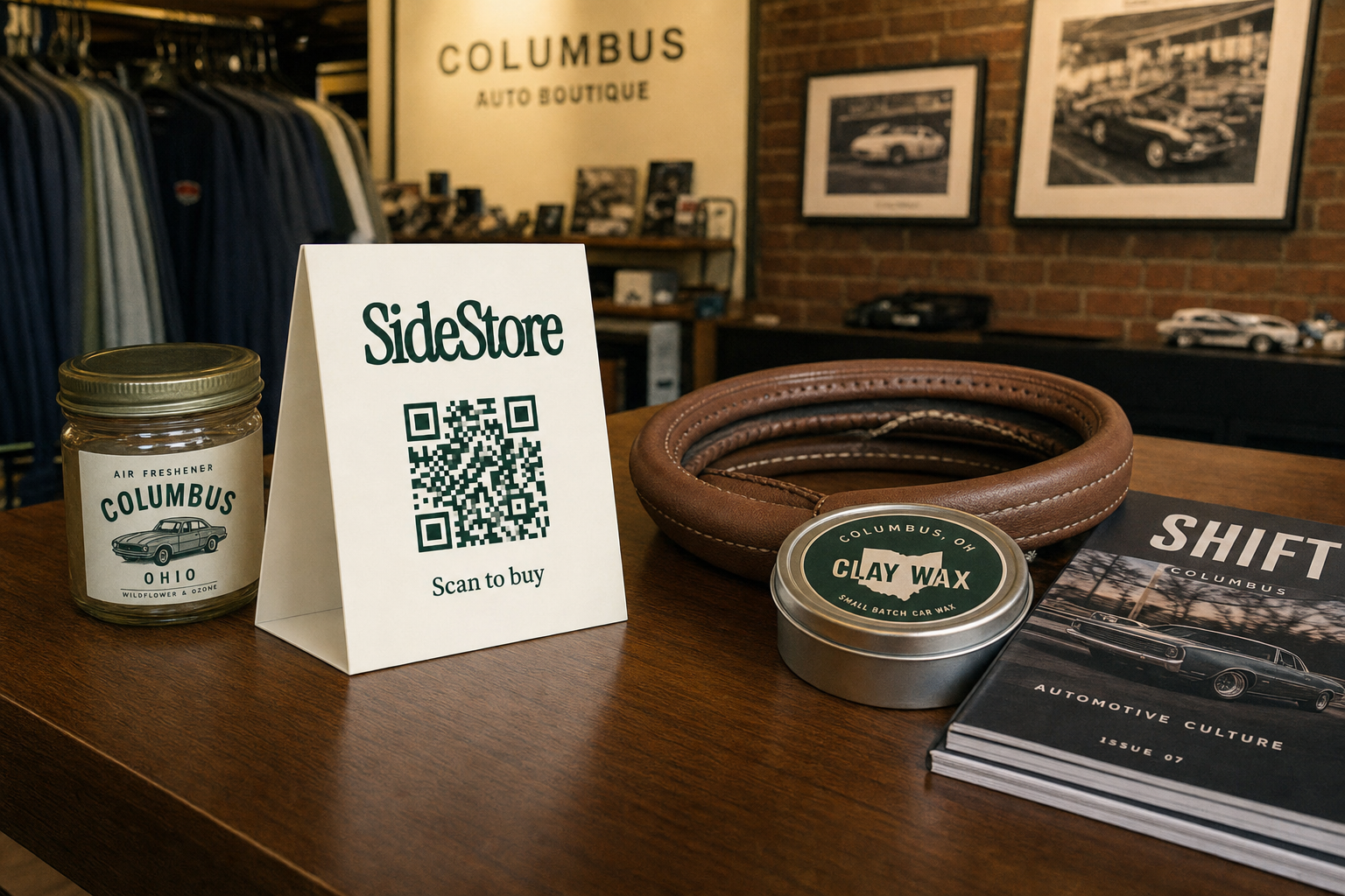 A wooden counter displays car care products and merchandise including a Columbus air freshener jar, a SideStore QR code sign, a brown leathe