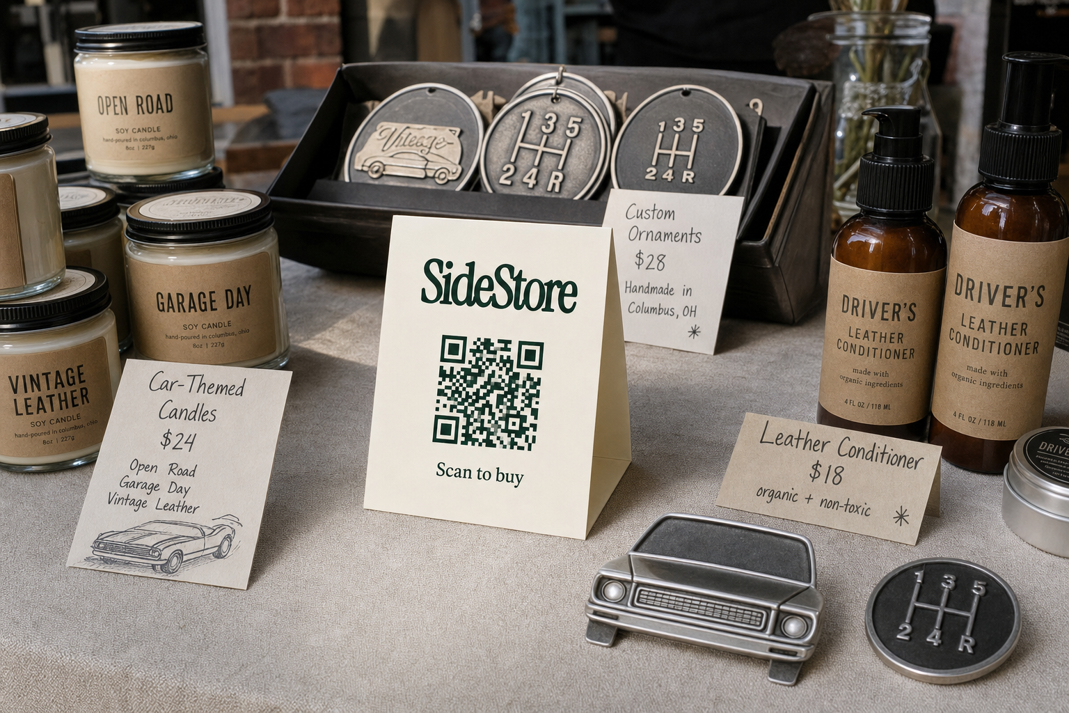 A retail display of car-themed products including soy candles, leather conditioner bottles, custom metal ornaments with vintage car designs,