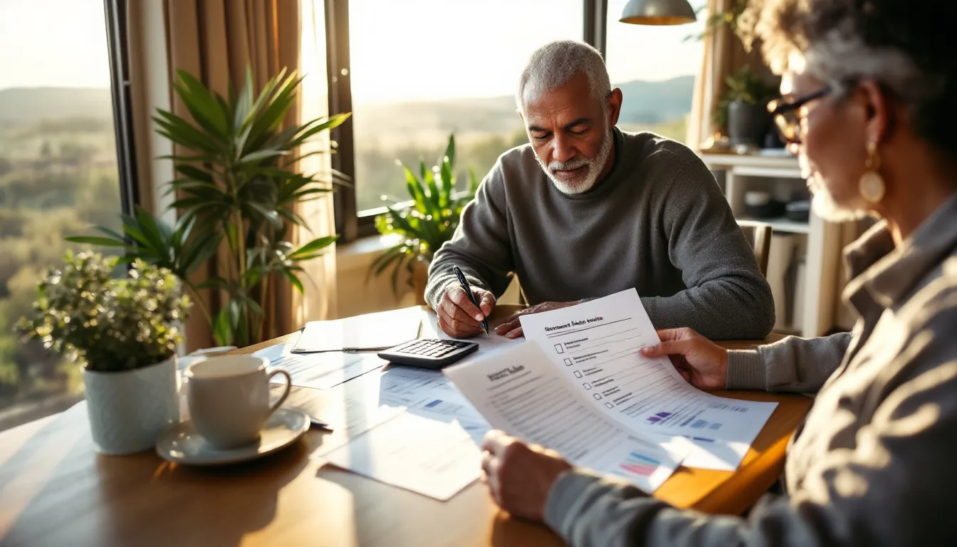 Two people reviewing financial documents and investment charts at a table with a calculator, coffee, and plants, illustrating portfolio planning