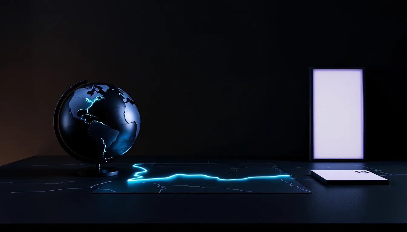 A glowing blue globe sits on a dark surface next to a bright neon line and a blank illuminated panel against a black background
