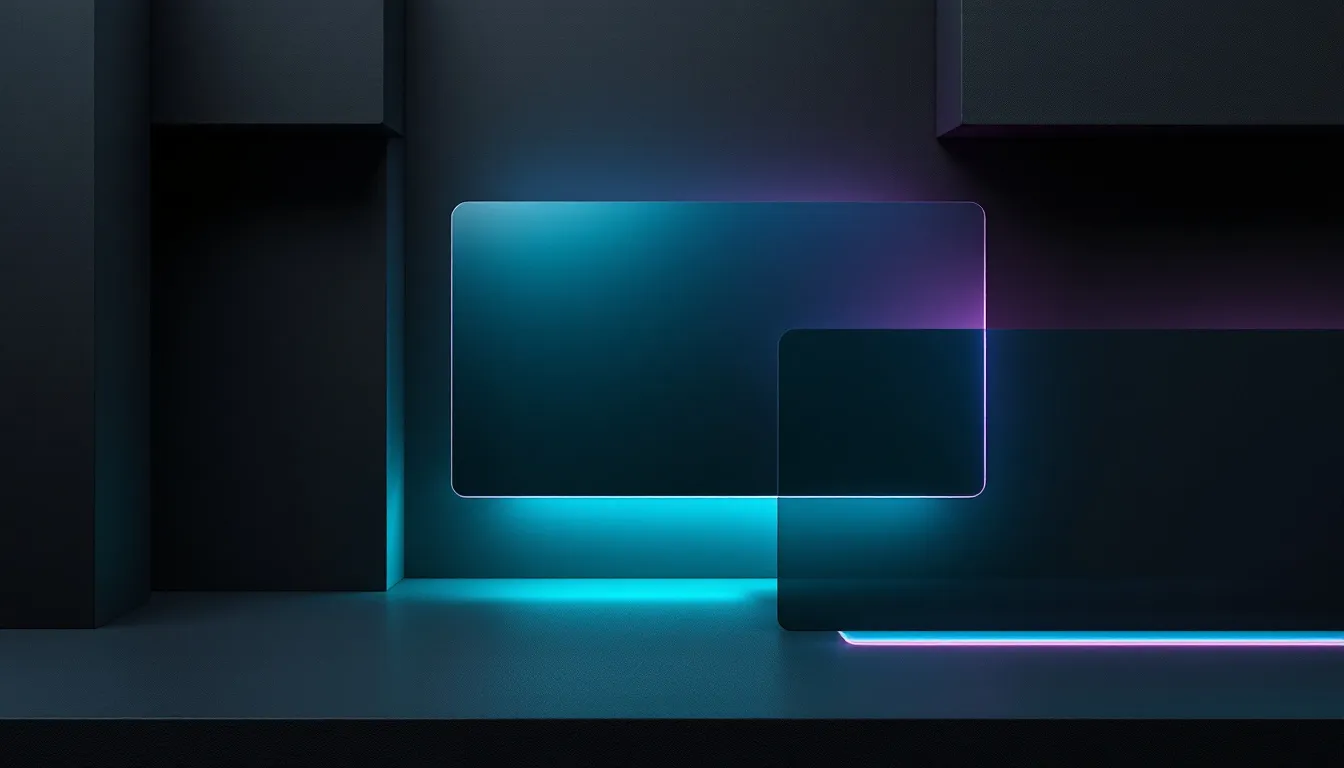 A modern 3D rendered scene with geometric shapes and neon cyan and purple lighting effects against a dark background