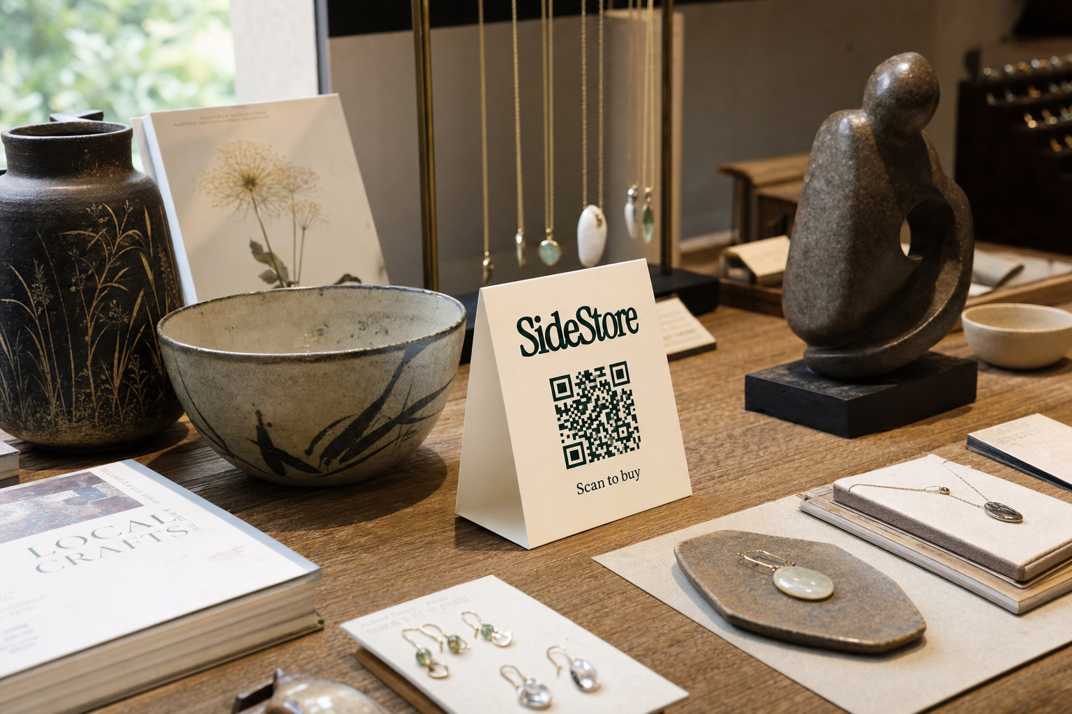 A wooden display table showcases artisan products including ceramic bowls with botanical designs, a stone sculpture, hanging pendant necklac