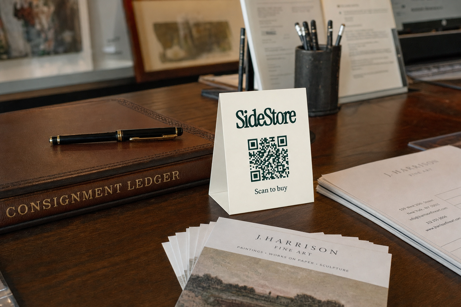 A wooden desk displays a SideStore promotional card with QR code, stacked business cards for J. Harrison Art, a leather-bound consignment le
