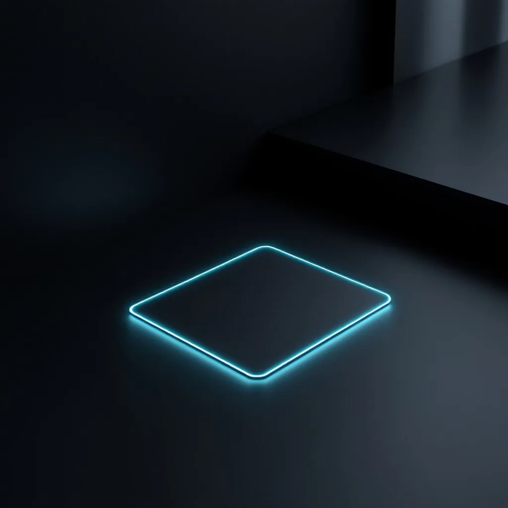 Un carré néon cyan lumineux sur une surface sombre représentant un point focal concentré