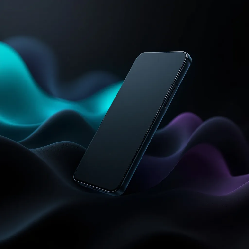 Un smartphone sombre avec un écran vide incliné sur un fond abstrait avec des vagues de lumière cyan et violette, représentant la réactivité mobile