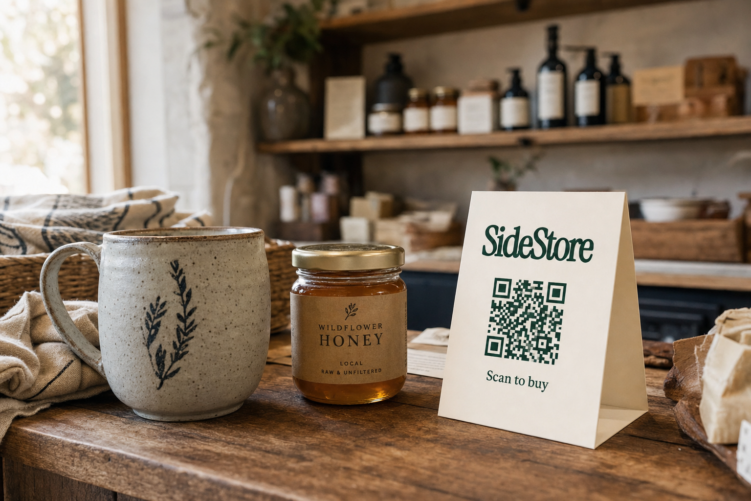 A wooden table displays a speckled ceramic mug with botanical design, a jar of wildflower honey labeled