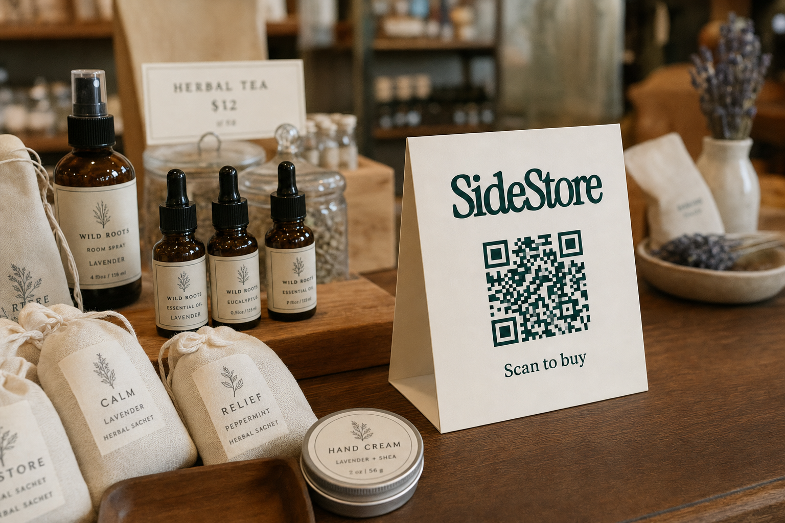 A wooden display counter shows SideStore branded wellness products including essential oil bottles, herbal sachets, hand cream, and room spr