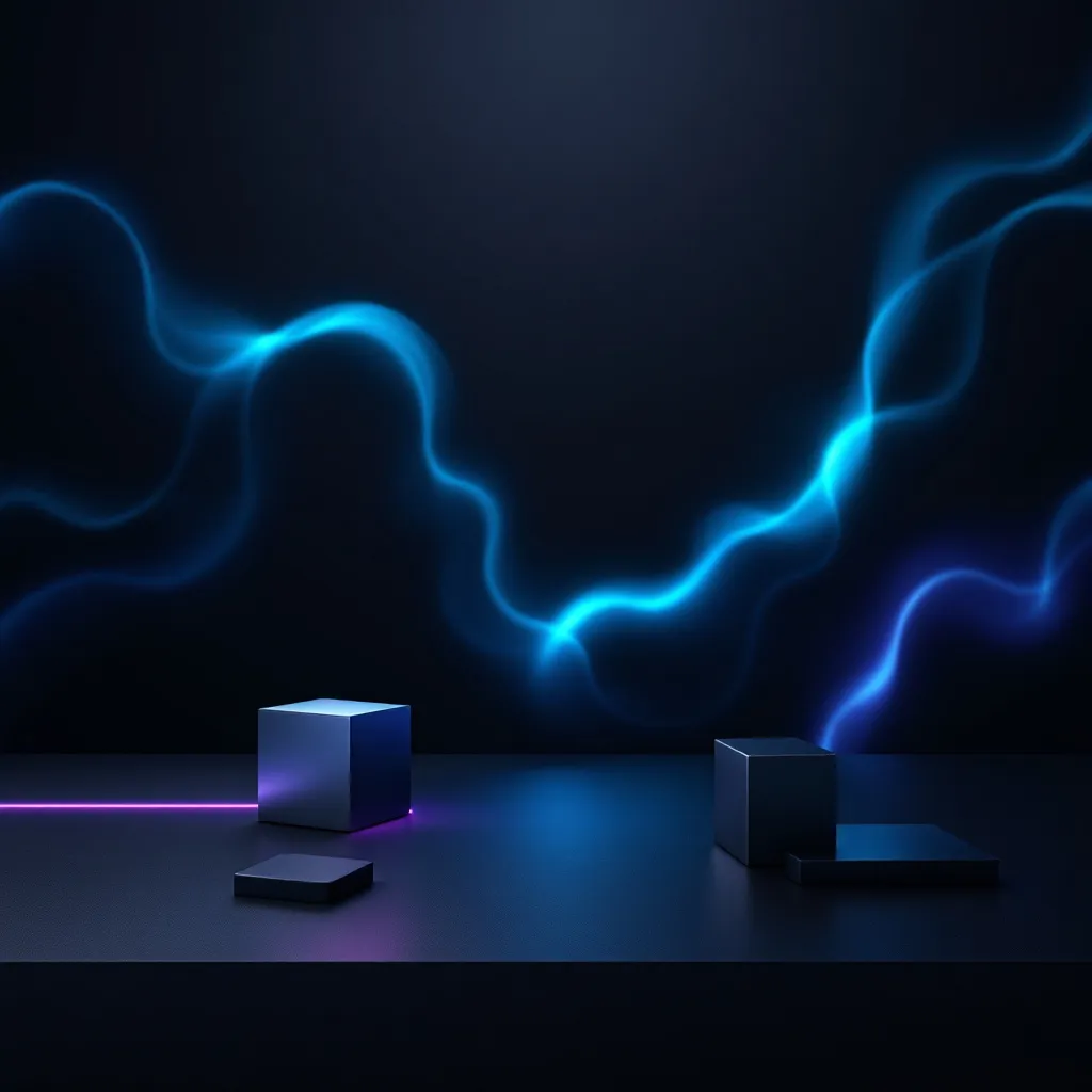 Abstract digital visualization of blue and purple energy waves flowing above geometric shapes, representing autonomous AI processes in motion
