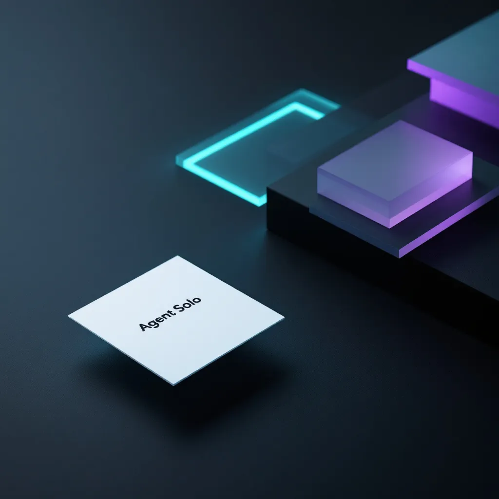 3D isometric illustration showing a white tile labeled Agent Solo connected by a glowing cyan arrow to purple and teal geometric blocks, representing autonomous agent coordination