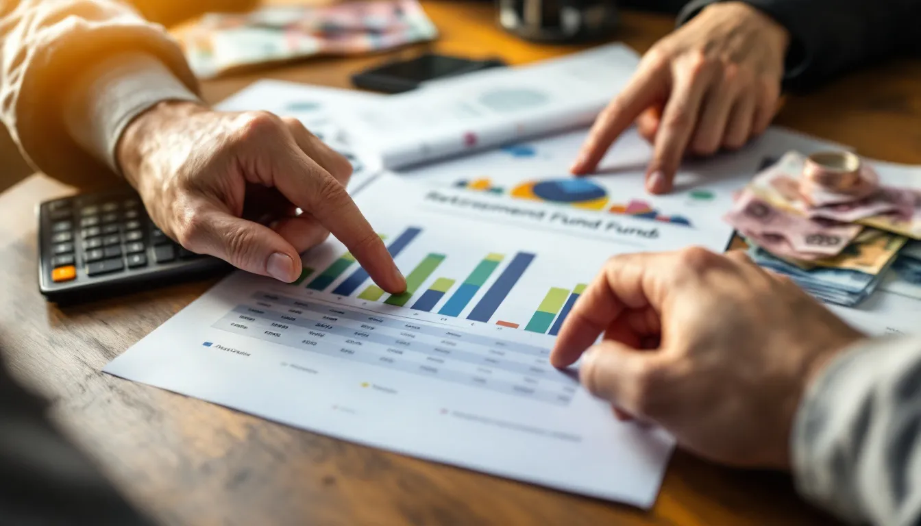 Financial advisor discussing retirement savings vehicles with documents and calculator on desk