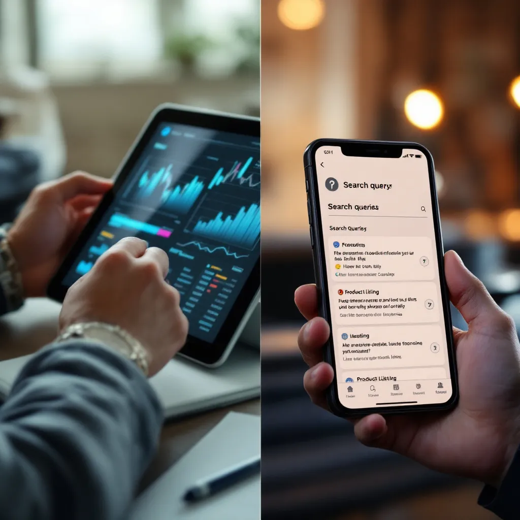Two mobile phone screens side by side, one showing financial charts and growth data, the other displaying a search results interface with query suggestions