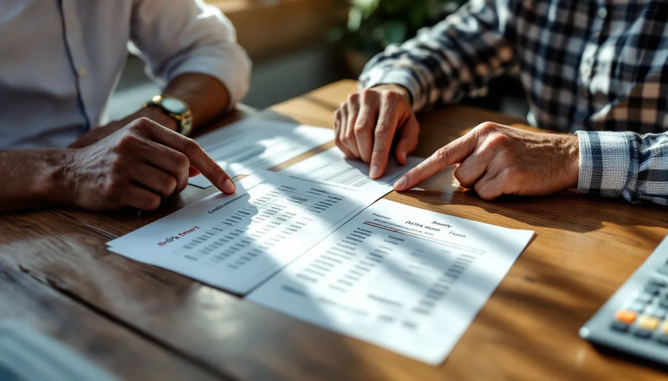 Three people reviewing financial documents and data tables on a wooden table in natural sunlight