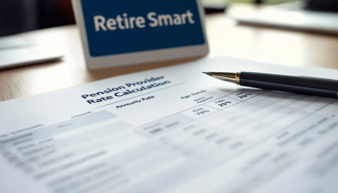 A pension provider rate calculation document lies on a desk next to a black pen and a blue "Retire Smart" branded item