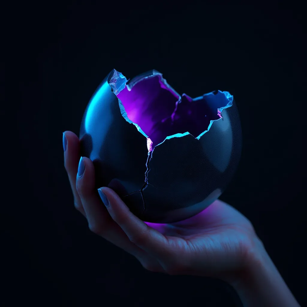 A hand holding a glowing globe with neon blue and purple outlines of continents against a dark background