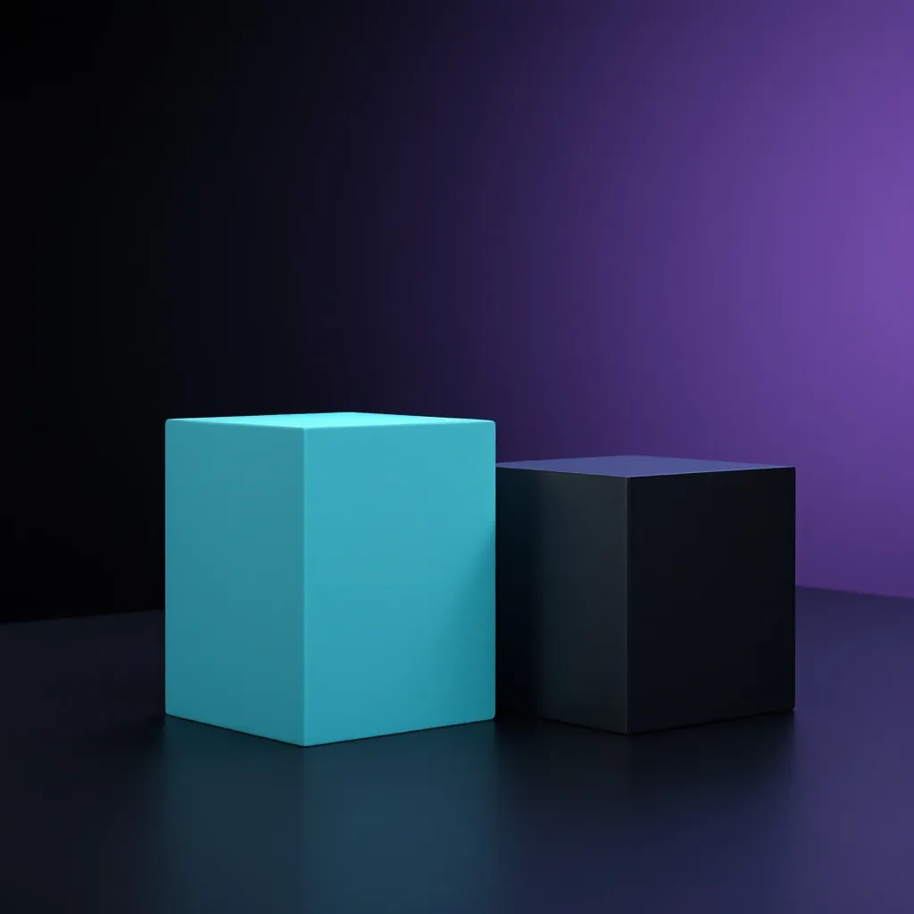 A turquoise cube and a black cube sit side by side on a reflective surface against a purple gradient background