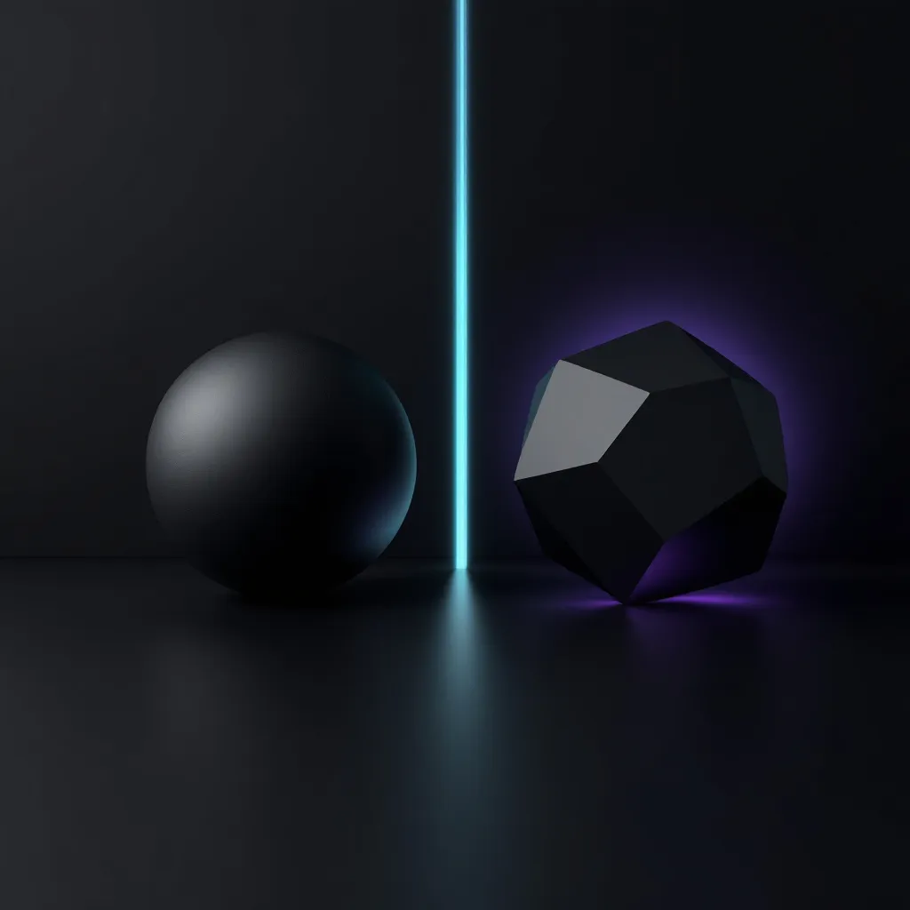 A glowing cyan vertical line separates a dark sphere on the left from a geometric polyhedron on the right, both set against a dark backgroun