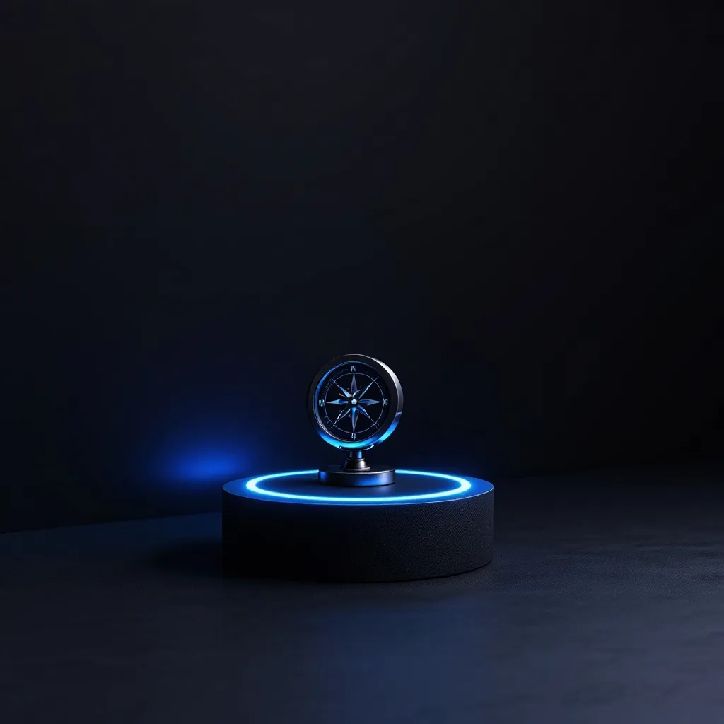 A glowing compass with a blue-lit base sits on a dark surface against a black background
