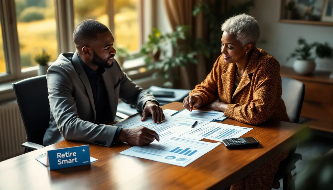 Two professionals review financial charts and documents at a wooden desk in a bright office setting with plants and natural light