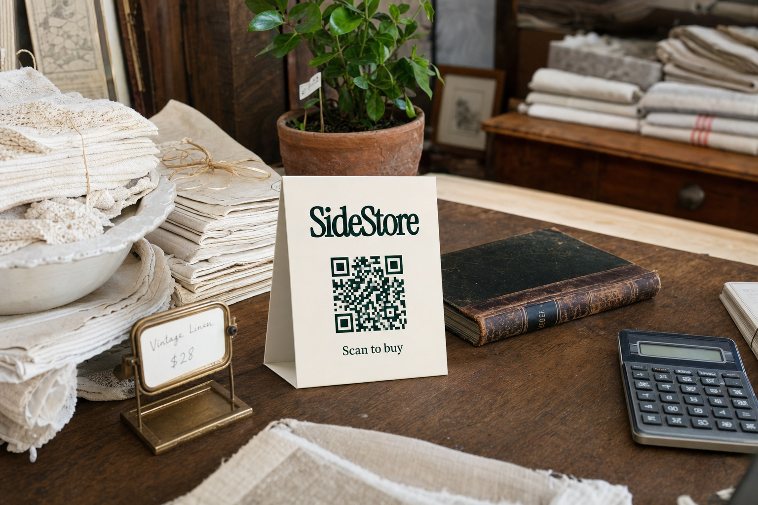 A wooden desk displays a SideStore QR code sign reading 