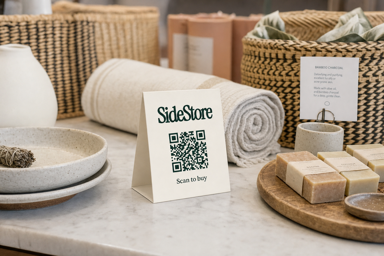 A marble countertop displays natural skincare products including rolled towels, soap bars on a wooden tray, ceramic bowls, woven baskets, an