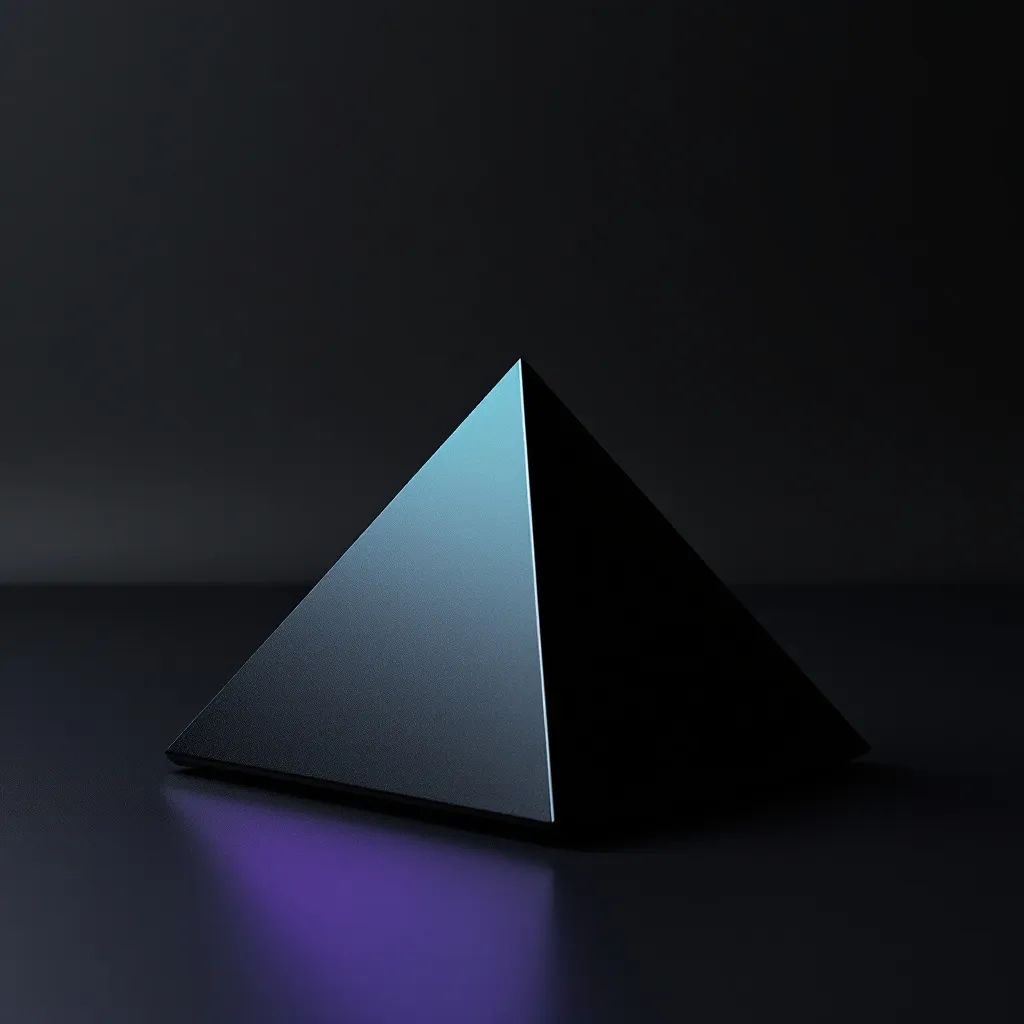 A three-dimensional pyramid with a light blue front face and dark sides sits on a dark surface with purple lighting underneath
