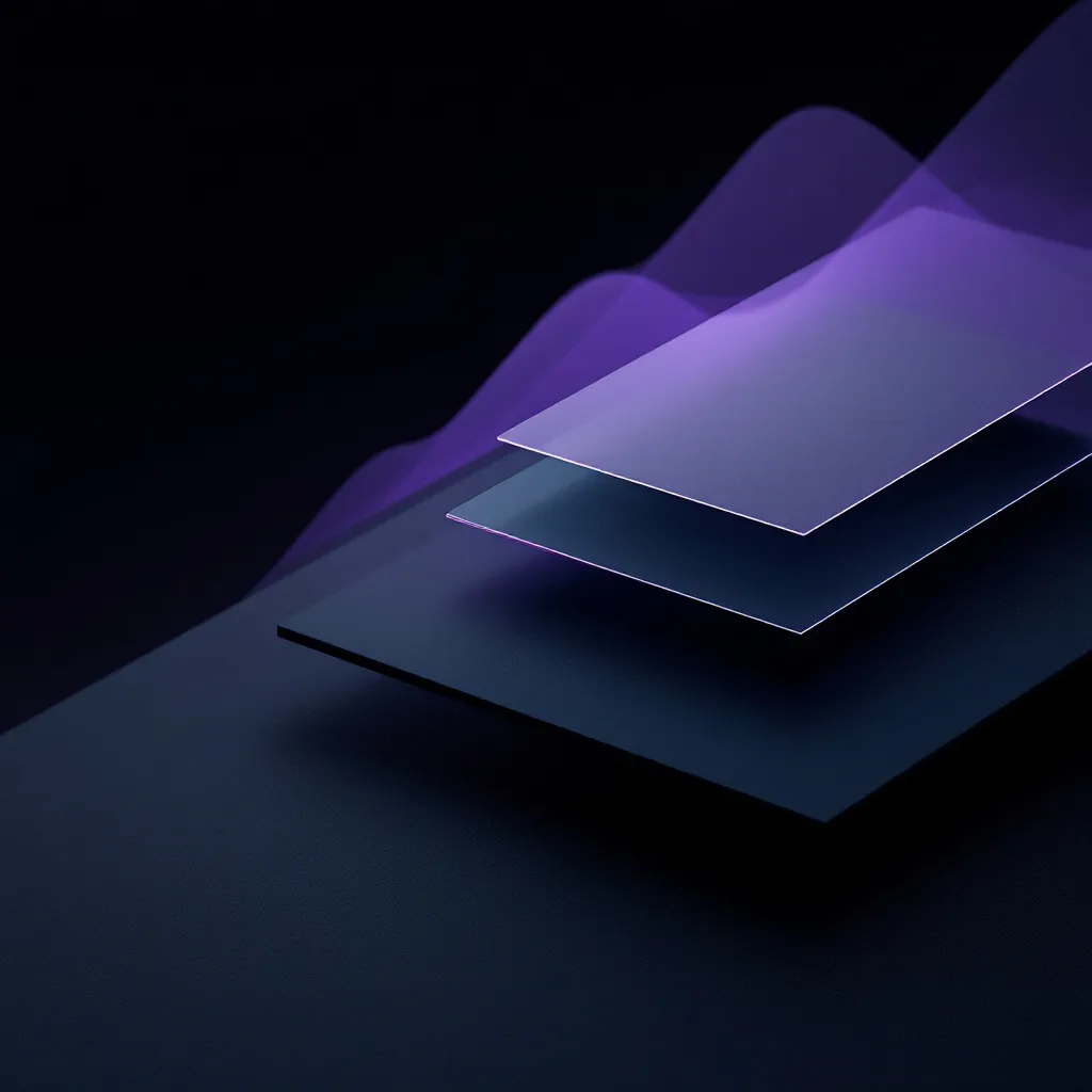 Layered translucent sheets in shades of blue and purple arranged at an angle against a dark background