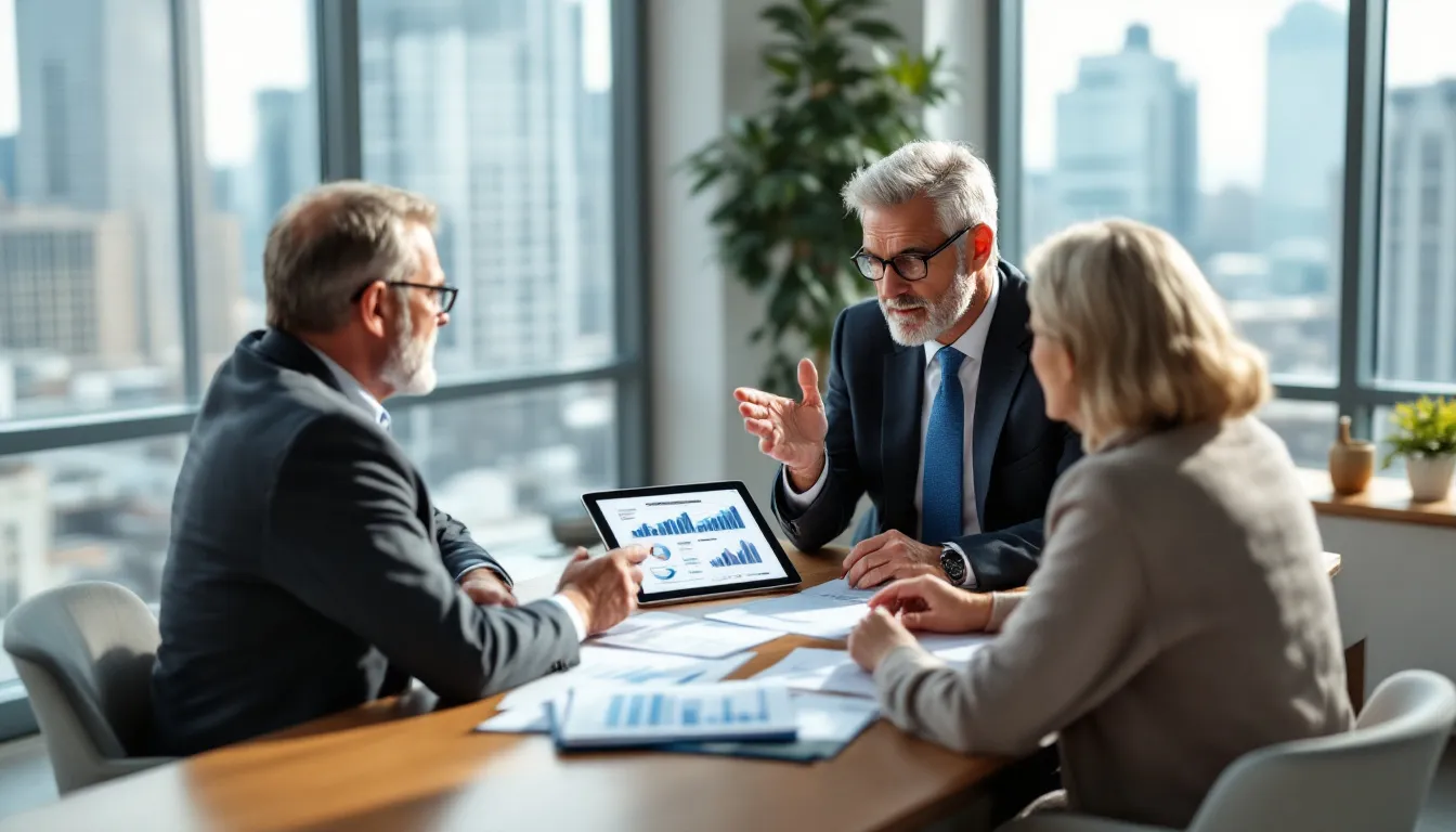 Financial advisor discussing retirement strategy with a mature couple in a professional office setting