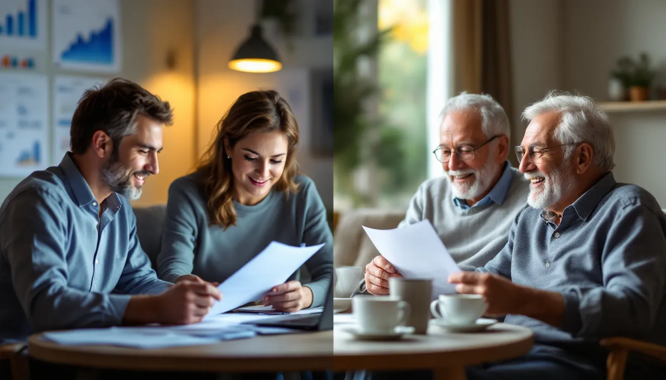 Comparison of pre-retirement planning meeting versus post-retirement couple reviewing secure finances
