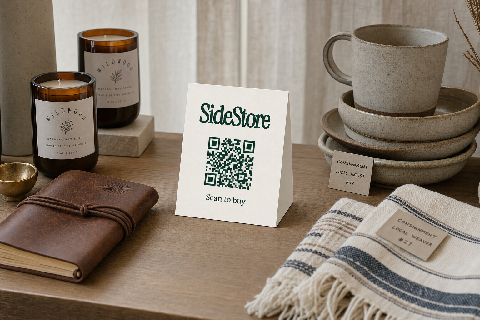 A wooden table displays a SideStore QR code sign, Wildwood candles in amber glass jars, stacked ceramic mugs, a brown leather journal, a str