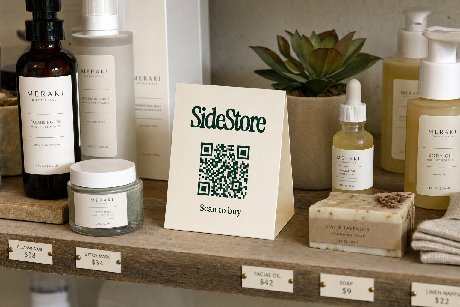 A wooden shelf displays Meraki Botanicals skincare products including cleansing oil, detox mask, hydrating mist, facial oil, and body oil, w