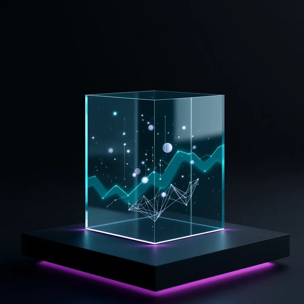 Transparent glass cube displaying glowing teal and white data visualization with upward trending lines representing content analysis and authority signals for AI citation