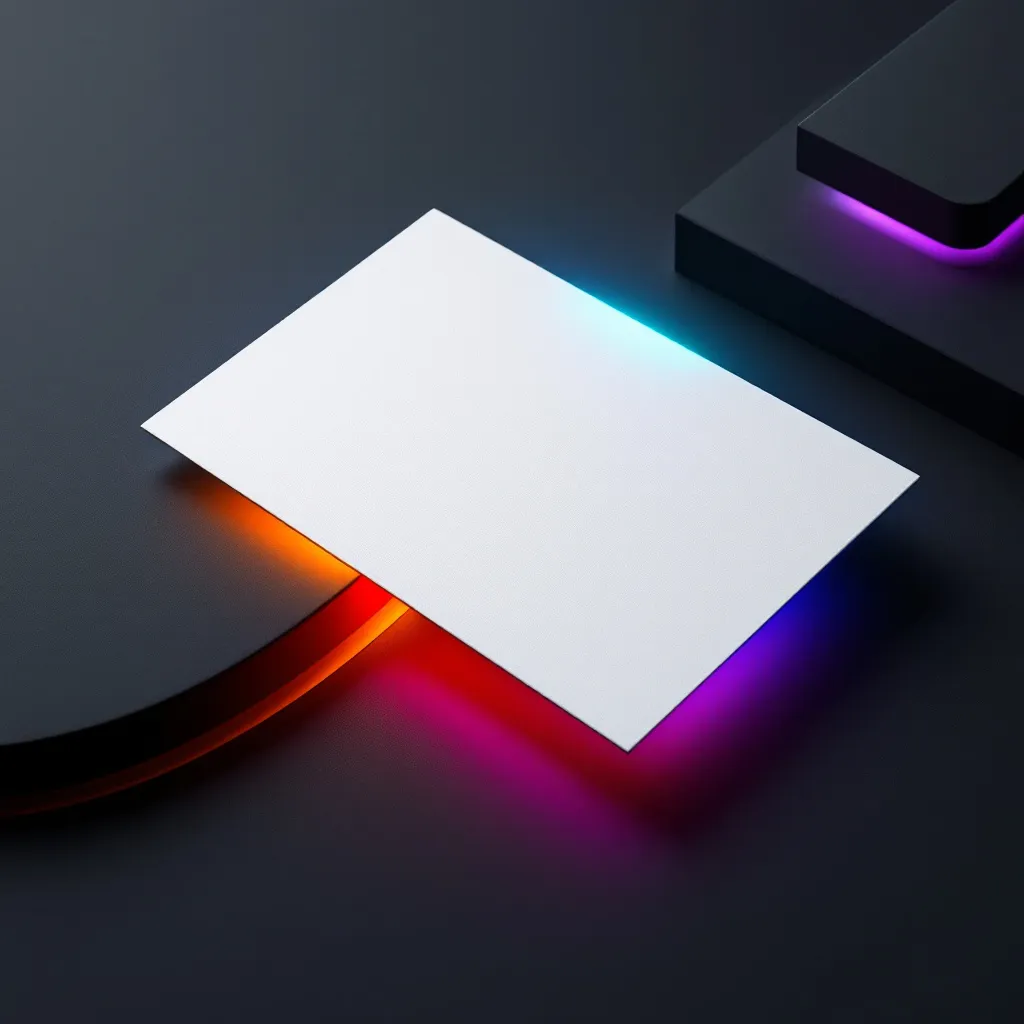White card tilted on dark surface with colorful neon lighting beneath representing schema markup structure and data visibility for AI systems