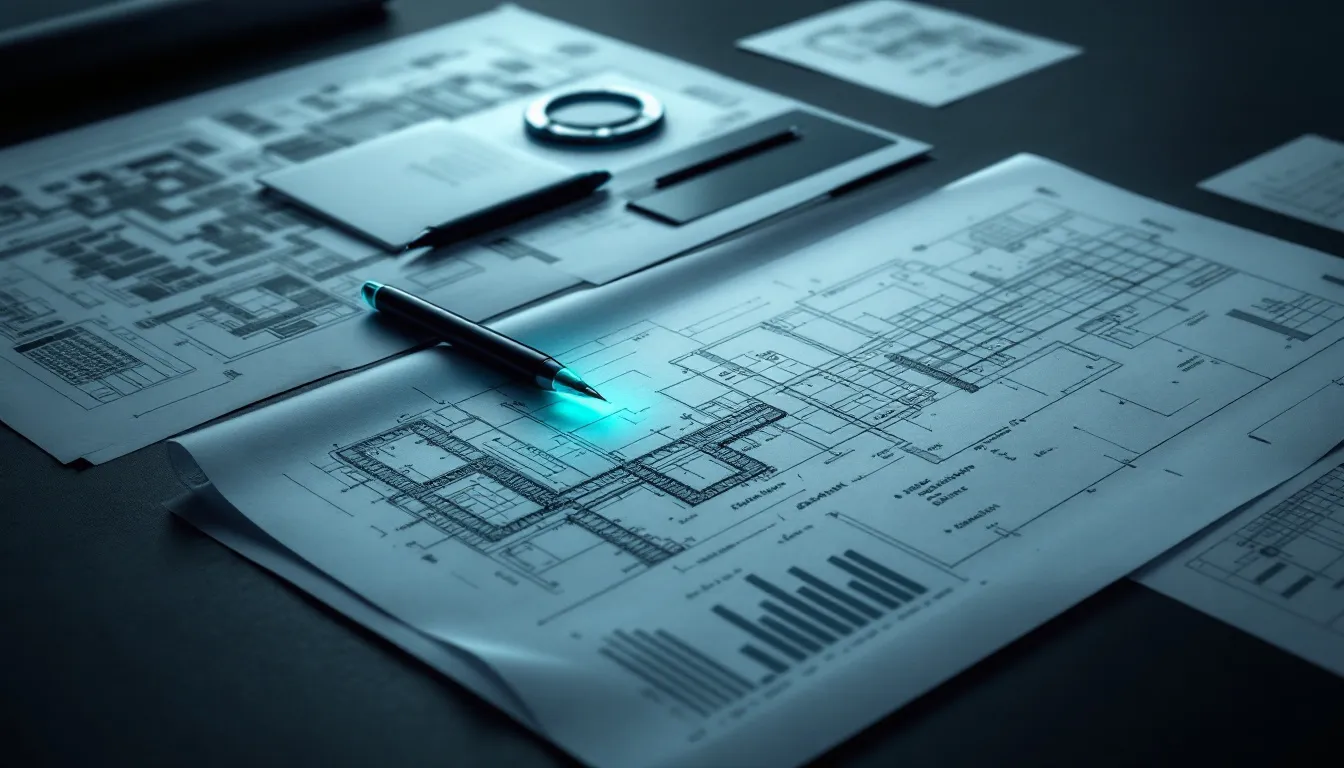 Architectural blueprints and floor plans with a pen resting on them, representing detailed planning and documentation