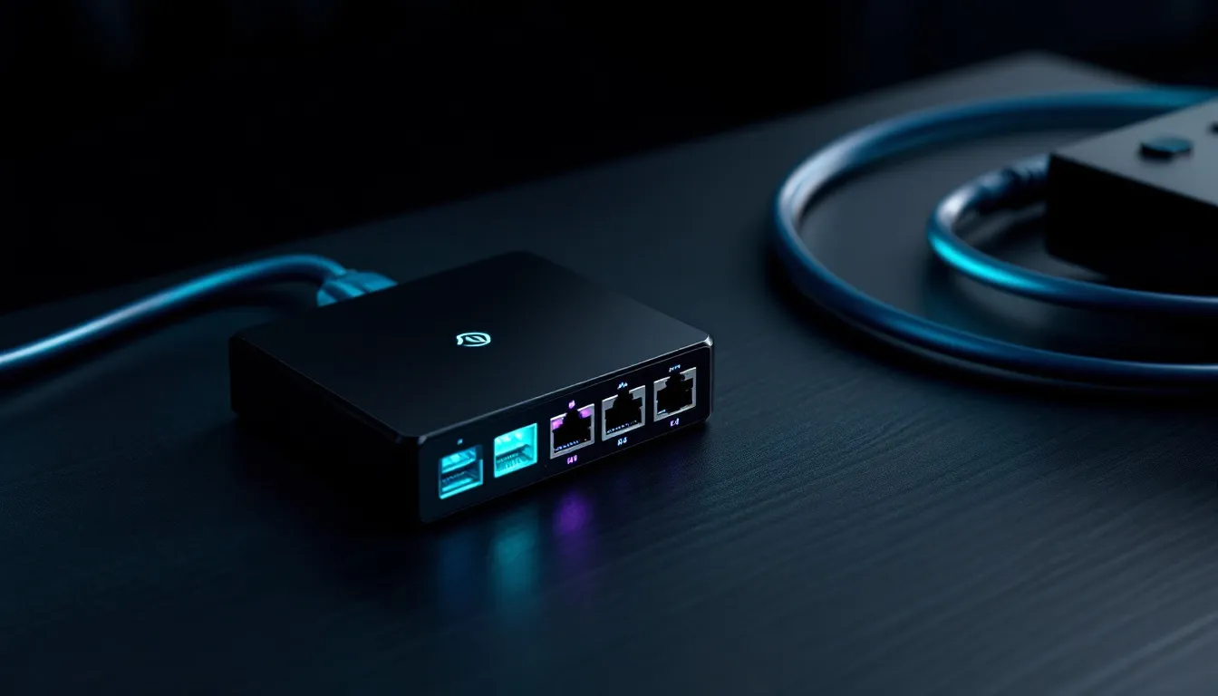 Network switch with illuminated blue and purple ports, representing DNS configuration and server connections