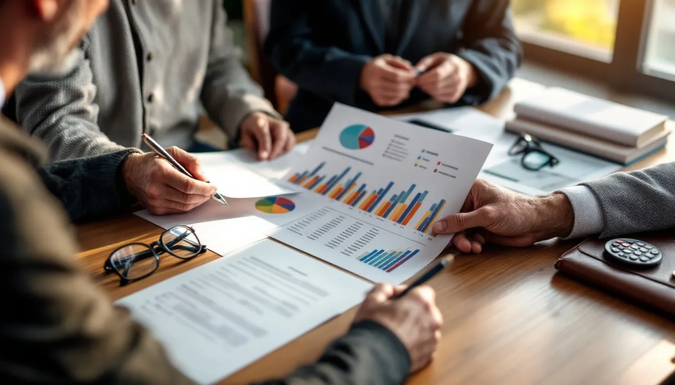 Multiple people reviewing financial charts and bar graphs on papers spread across a wooden table with a calculator and glasses nearby