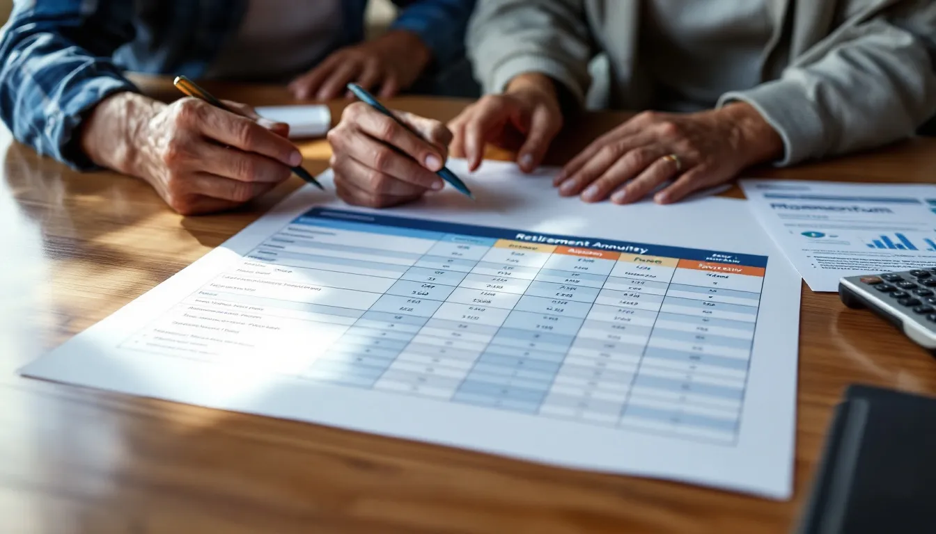 Multiple people reviewing a retirement annuity spreadsheet with blue columns and orange headers on a wooden table next to a calculator