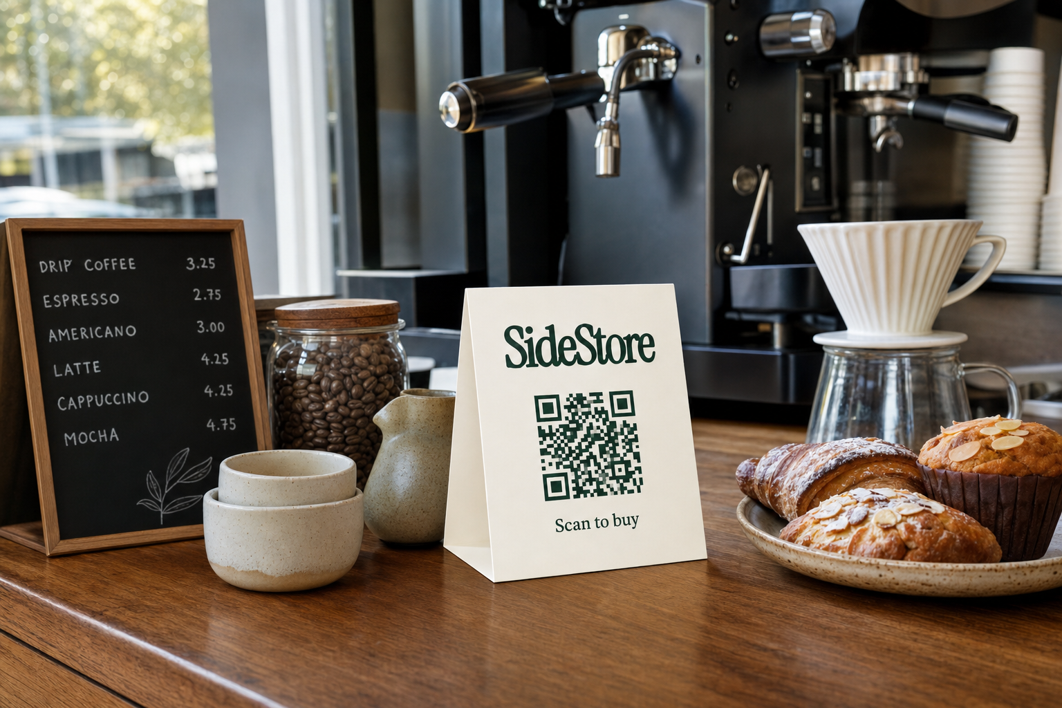 A coffee shop counter displays a menu board with drink prices, a SideStore QR code sign, ceramic cups, a jar of coffee beans, pastries on a