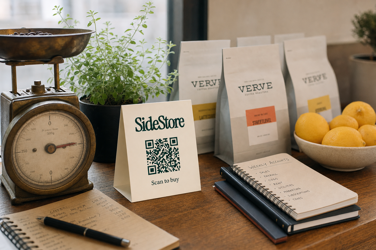 A wooden desk displays a vintage scale, potted herbs, three Verve coffee bags, a bowl of lemons, notebooks, a pen, and a SideStore card with