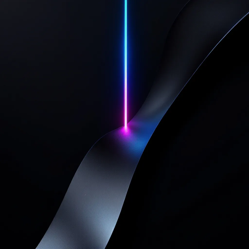 A bright neon line glowing cyan and magenta intersects with a curved gray metallic surface against a dark background