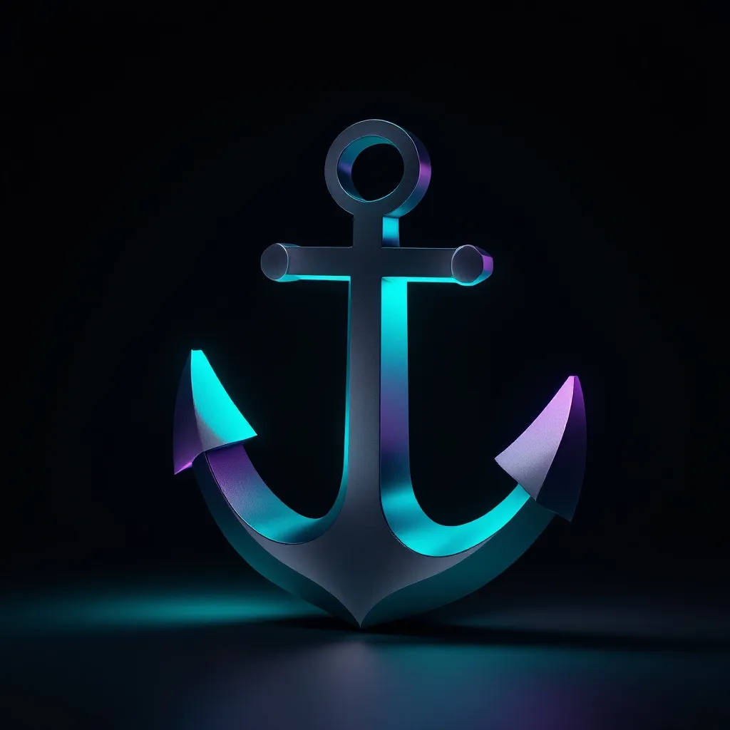 A glowing neon anchor with cyan and purple lighting against a dark background