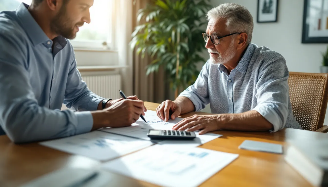 Financial advisor and client reviewing printed market charts and investment data at a desk