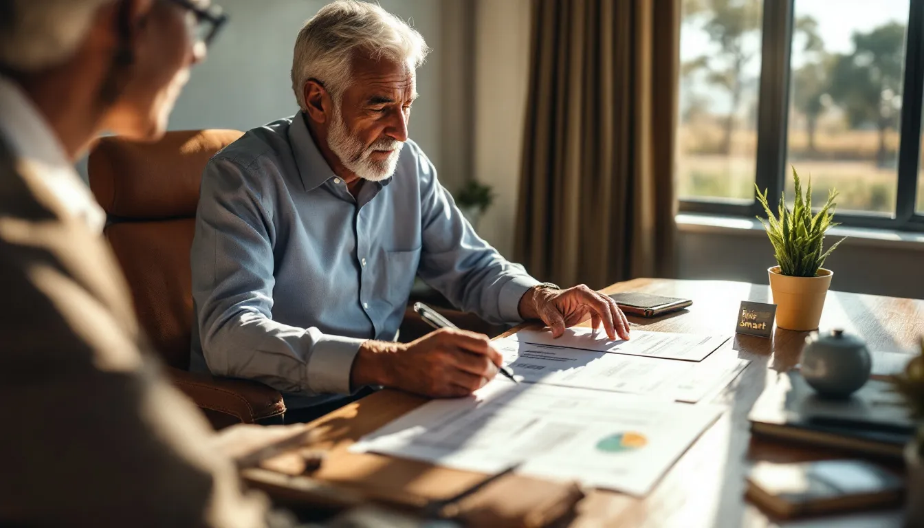 An older man in a light blue shirt writes on documents at a table while another person sits across from him, with papers, a small potted plant nearby