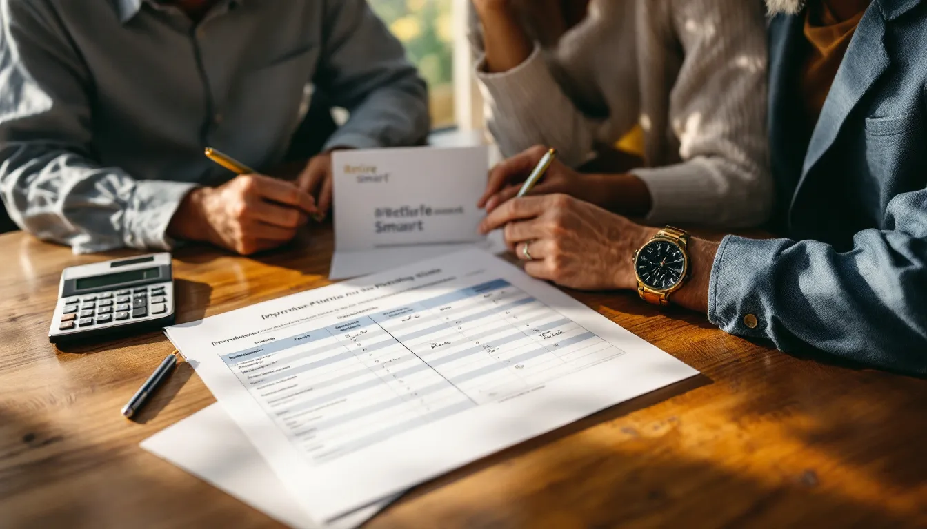 Multiple people review financial documents and spreadsheets together at a wooden table with a calculator and pen nearby