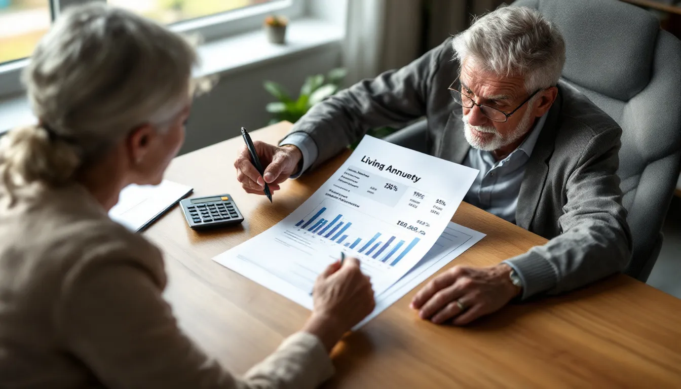 Two people review a financial document titled "Living Annuity" with bar charts and performance data on a wooden table, with a calculator nea
